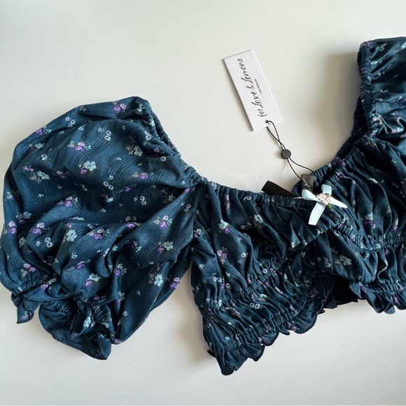 For Love And Lemons Lola Pointelle Crop Top Blue Floral Medium NEW - Picture 3 of 5